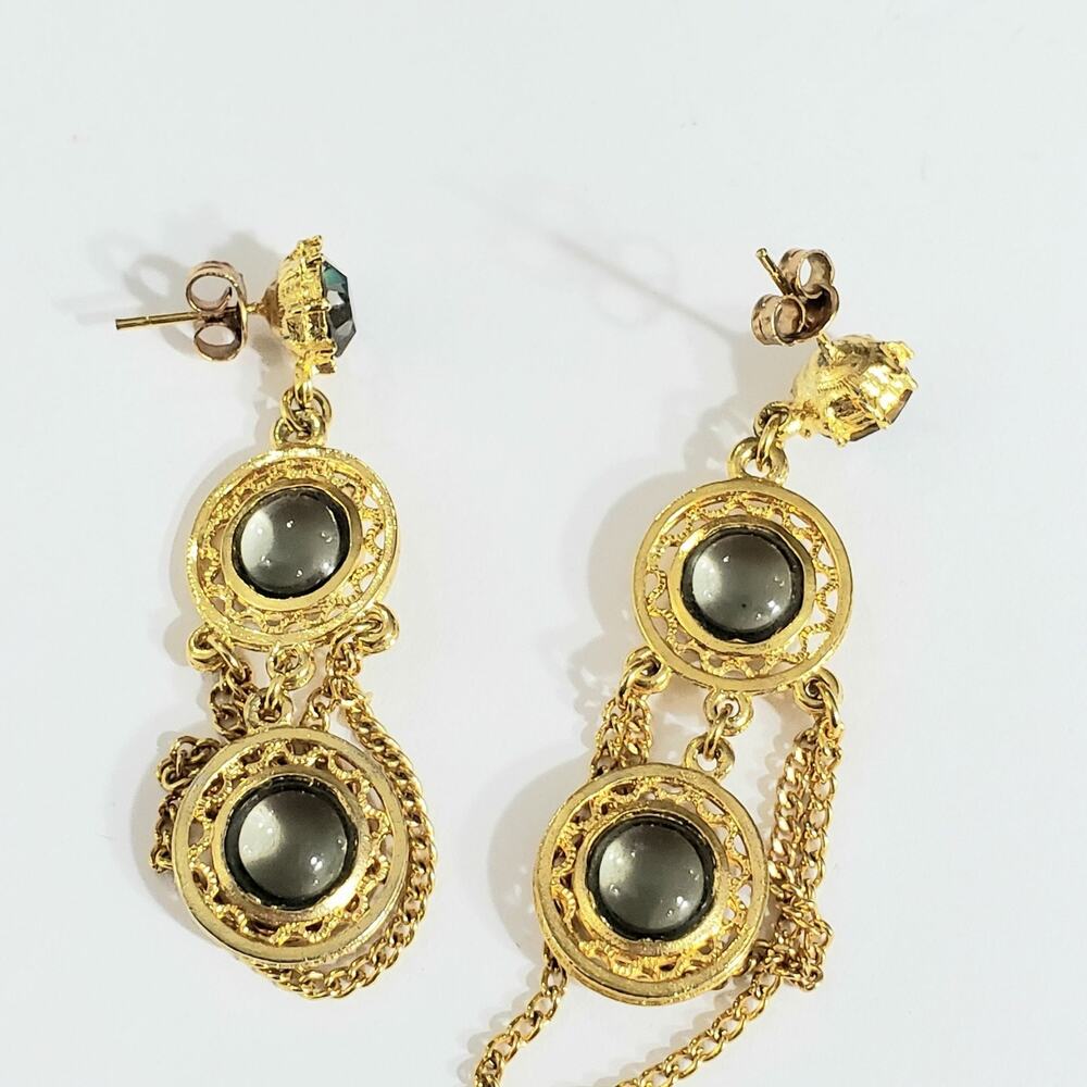 Ornate Long Dangle Pierced Earrings 2.5"‎ Brilliant Smokey Gray Rhinestone KP-